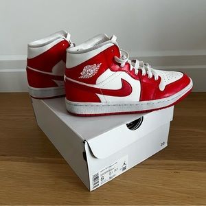 Worn once, Nike Air Jordan 1 Mid, White/Habanero Red, Size 8